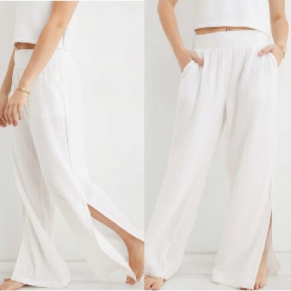 Aerie White Wide-Leg Pants Size S/P Inseam 23” Flowy Lounge Beach Boho